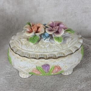 Trinket Box With Lid Resin Flowers Oval Floral Covered Keepsake Jar 4”x 3”